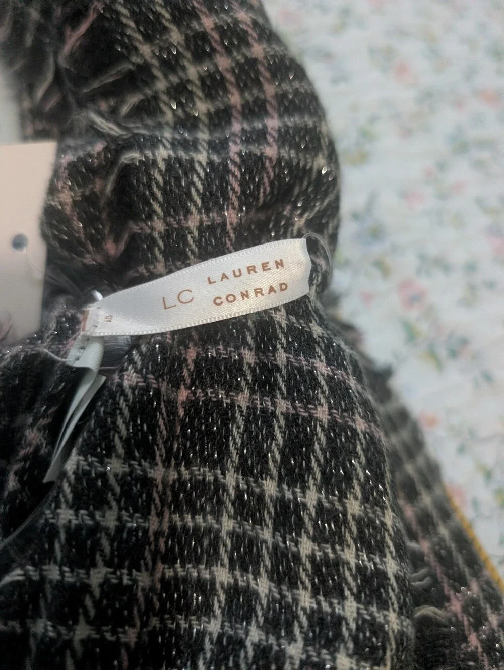 LC Lauren Conrad Black, Pink & Cream Plaid Knit Scarf with Metallic Thread